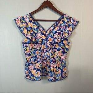 Nanette Lepore Floral Lace Trim Ruffle Sleeve Blouse Top Womens S Romantic Boho